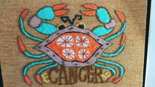Vintage Hand Embroidered Crewel Picture Of The Astrology Sign Cancer