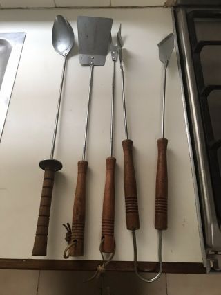 Vintage Bbq Tools - Wooden Handles,  Metal Tongs,  Fork,  Spatula And Spoon