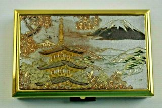 Vtg Sankyo Clover Musical Miniature Music Box Powder Compact Case Oriental Lid