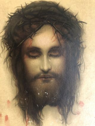Vintage Jesus Christus Litho Framed St Veronica ' s Handkerchief Illusion Picture 2
