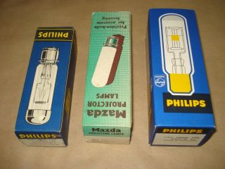 Three (3) Vintage Projector Lamp Bulb Philips Mazda 240v 300w 115v1000w P28 Nos