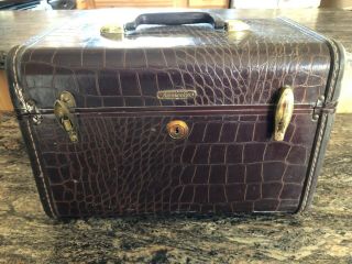 Vintage Samsonite Train Case Make Up Travel Bag,  Brown Pattern