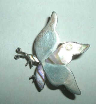 Vintage Taxco Mexican 925 Sterling Silver And Abalone Butterfly Brooch