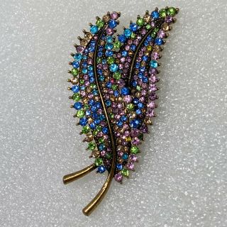 Vintage Double Leaf Brooch Pin Pastel Glass Rhinestone Costume Jewelry