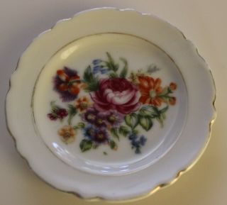 Vintage Porcelain Butter Pat Plate W/ Flowers On White & Gold Trim Japan 3 1/2 "
