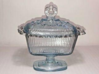 Vintage Depression Glass Light Blue Bowl Candy Dish With Lid Art Deco Very Cool