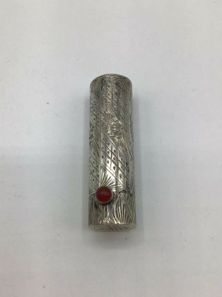 Vintage Engraved 800 Silver Lipstick Case With Carnelian Stone,  2”
