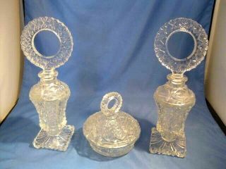 Vintage Glass Dresser Set Powder Box Jar & 2 Glass Perfume Bottles Con