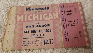 Vintage Rare 1933 University Of Michigan Vs Minnesota Football Ticket Stub,  Ncaa