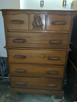 Dresser Chest Of Drawers Vintage Sailboat Theme Wooden Bedroom W/ 5 Drawers