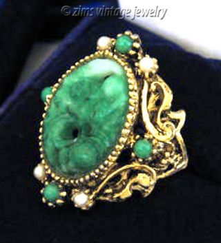 Vintage Victorian Style Faux Jade Green Floral Glass Gold Pearl Cocktail Ring