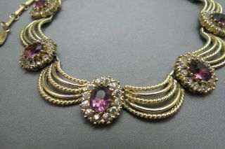 Coro Set Necklace Earrings Purple Pink Rhinestones Scalloped Links Pat Pend Vtg