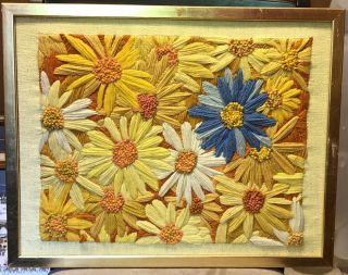Vintage Crewel Embroidery Framed Wall Hanging Picture Art Flowers 1970 