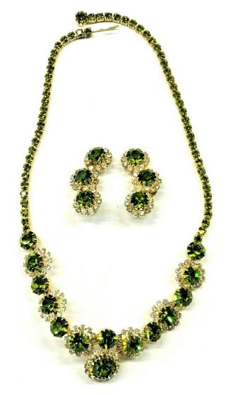 Vintage High End Olivine Green Clear Rhinestone Necklace Earrings