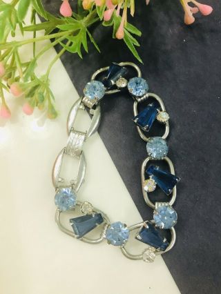 Vintage Juliana Blue Rhinestones Silver Tone Bracelet 7 " L