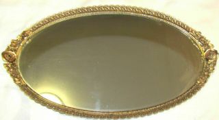Vintage Gold Ormolu Gilt Filigree Mirror Vanity Tray Hand Brush Set Roses Matson