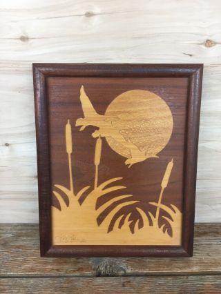 Vintage Nelson Marquetry Signed Wood Inlay Framed Art Piece 1984 9x11 Sun Bird