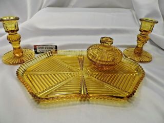 Vintage Amber Glass Vanity/dresser Set,  Tray,  Trinket Box & Candle Holders