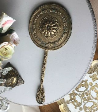 Vintage Gold Filigree Hand Held Vanity Mirror Roses Shabby Victorian Barbola