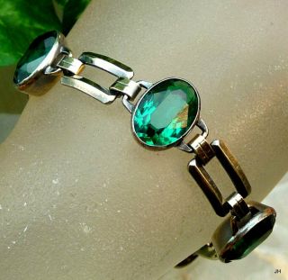 Engel Bros Vintage Signed 10k Gold Filled Emerald Green Glass Panel Bracelet 7 ",