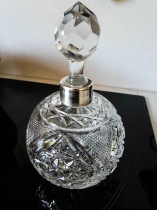 Crystal Cut Glass Perfume Bottle With Silver Neck - England