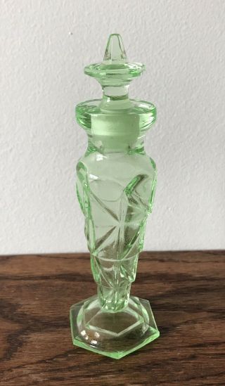 Perfume Bottle Vintage Bright Green Cut - Glass Decanter With Glass Stopper