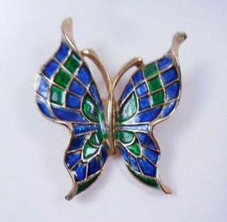 Vtg Signed Crown Trifari Blue & Green Check Enamel Butterfly Brooch Pin