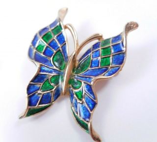 Vtg Signed Crown TRIFARI Blue & Green Check Enamel Butterfly Brooch Pin 3