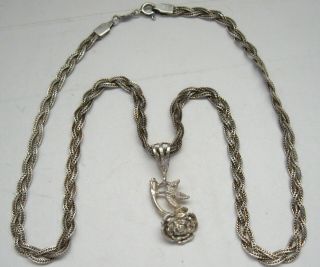 Vintage Silver Rose Necklace Sterling 925 Three Strand Braided Chain Italy
