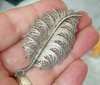 Edwardian Vintage Czech Jewellery Crafted Filigree Leaf Solid Silver Brooch Pin