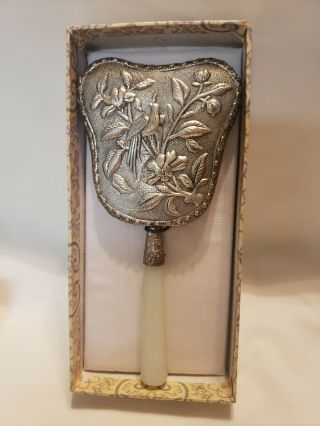 Vintage Asian Silver Metal Small Jade Handle Handheld Mirror Bird In Tree W Box