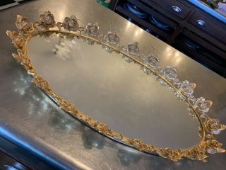 Vintage Large Signed 21” Vanity Mirror Ornate 24k Gold Plated Rose Leaf Border
