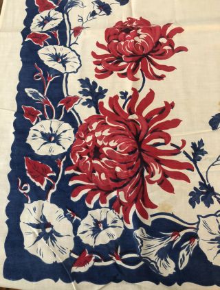 Small Vintage Red,  White & Blue Cotton Floral Tablecloth 38” X 39”