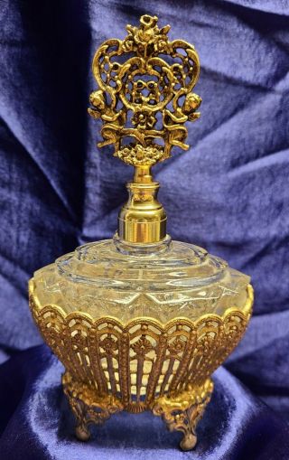 Vintage Globe 24k Gold Plated Filigree Perfume Bottle Cherubs