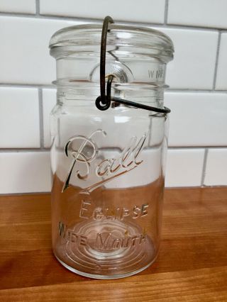Vintage Ball Eclipse Wide - Mouth Mason Wavy Glass Quart Jar Wire & Glass Top Euc