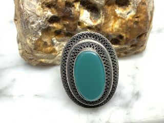 Vintage Tribal Sterling Silver Green Onyx Large Oval Dome Ring (sz.  7.  75) 12.  3g.