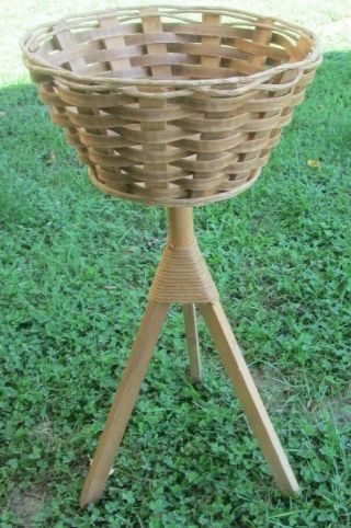 Vintage 3 Leg Wicker Weaved Basket Planter Plant Stand