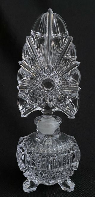 Vintage Bohemian Czech Art Deco Crystal Cut Glass Perfume Bottle W Large Dauber