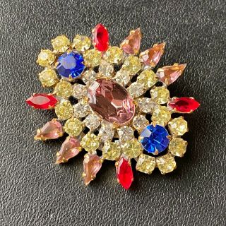 Unsigned Czech Vintage Ruby Sapphire Amethyst Rhinestone Flower Brooch Pin 92