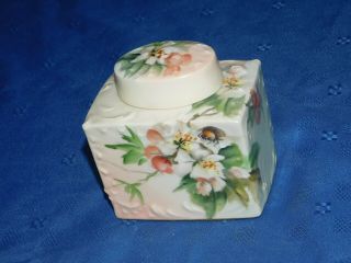 Antique Covered Jar Powder Box Vanity Dresser Hand Painted Floral Signed E Milca