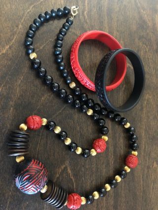 Vintage Black And Red Cinnabar Necklace And Bangles