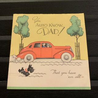 Vintage Greeting Card Dad Birthday Auto Black Scottie Dog Scottish Terrier Pink