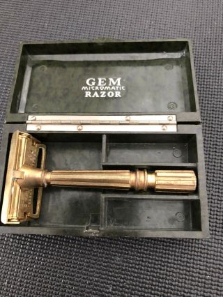 Vintage Gem " Micromatic " Single - Edge Safety Razor W/case,  Gold Tone,