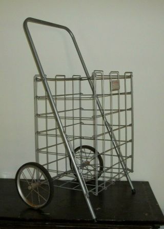 Vtg Wire Market Collapsible Rolling Shopping Cart Basket Grocery Worcester Mass