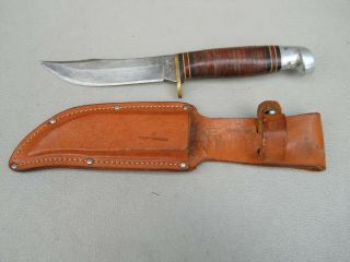 Vintage Western Usa Fixed Blade Knife Leather Handle 8 3/4 " Long 4 3/8 " Blade