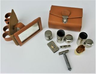 Vintage Shaving Travel Kit Men ' s Plated Travel Kit Leather Case with Barber 2
