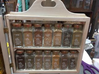 Vintage Griffiths Cupboard Shelf Wooden Spice Rack With Full Glass Spice Jars