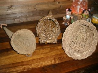 Vintage 3 Woven Wicker Rattan Twig Cornucopia Footed Wall Horn Of Plenty Basket