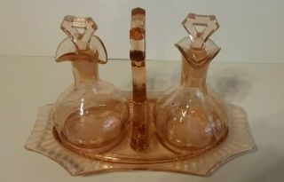 Vintage Pink Depression Glass Perfume Vanity Set With Tray Caddy Handle 3pc.