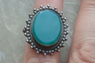 Sterling Silver Vintage Green Jade? Agate? Arts & Crafts Ring Size I